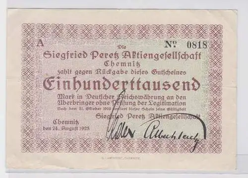 100000 Mark Banknote Chemnitz Siegfried Peretz AG 24.08.1923 (119433)