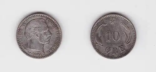 10 Öre Silber Münze Dänemark 1891 Delphin (133747)