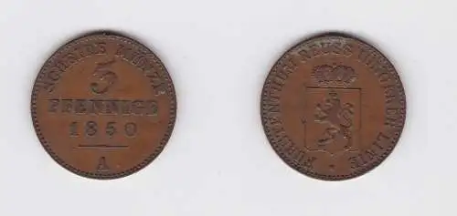 3 Pfennige Kupfer Münze Reuss jüngere Linie 1850 A ss+ (131857)