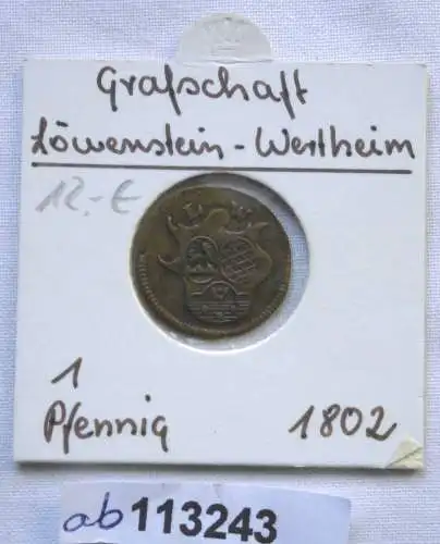 1 Pfennig Kupfer Münze Grafschaft Löwenstein Wertheim 1802 (113243)