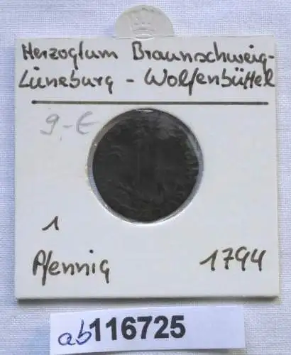 1 Pfennig Kupfer Münze Herzogtum Braunschweig Lüneburg Wolfenbüttel 1794(116725)