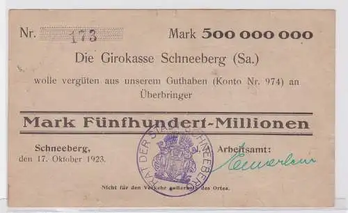 500 Millionen Mark Banknote Girokasse Schneeberg Arbeitsamt 17.10.1923 (122097)