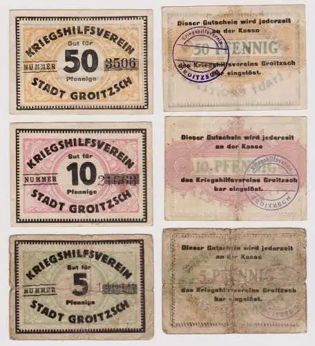 5, 10 & 50 Pfennig Banknoten Kriegshilfsverein Stadt Groitzsch (120748)