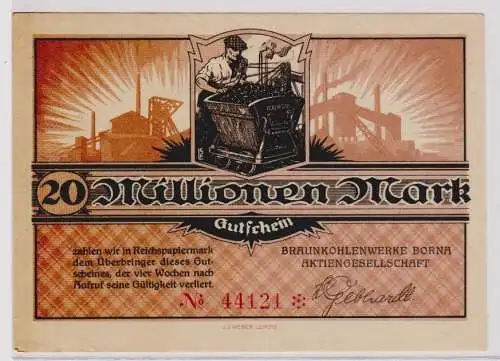 20 Millionen Mark Banknote Braunkohlenwerke Borna um 1923 (120338)