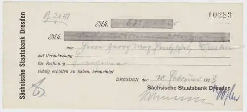 631 Mark Scheck Nr. 10283 Sächsische Staatsbank Dresden 1923 (132530)
