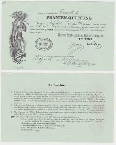Prämien-Quittung Renten- & Lebensversicherungsbank Teutonia Leipzig 1900 /132834