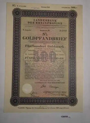 500 Goldmark Pfandbrief Landesbank der Rheinprovinz Düsseldorf 2.1.1930 (128055)