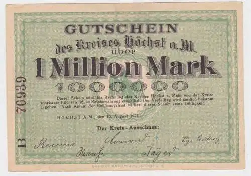1 Million Mark Banknote Inflation Kreis Höchst am Main 10.08.1923 (140170)