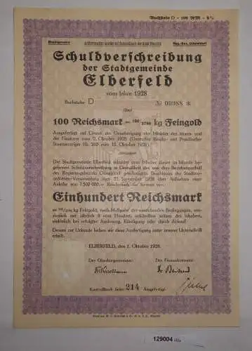 100 RM Schuldverschreibung Stadtgemeinde Elberfeld 1. Oktober 1928 (129004)