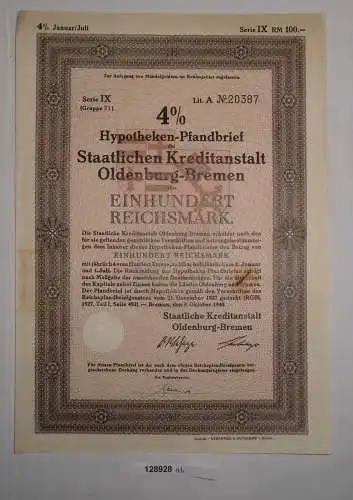 100 RM Obligation Staatliche Kreditanstalt Oldenburg-Bremen 8.Okt 1940 (128928)