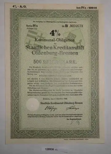 500 RM Obligation Staatliche Kreditanstalt Oldenburg-Bremen 1.Okt. 1940 (128936)