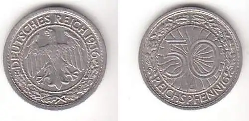 50 Pfennig Nickel Münze Weimarer Republik 1936 G (111734)