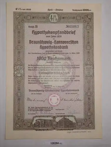 1000 RM Pfandbrief Braunschweig-Hannoversche Hypothekenbank 31.März 1939 /128294