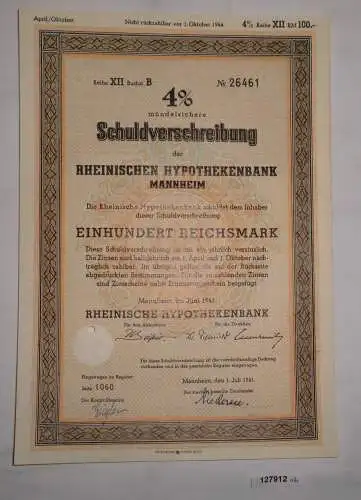 100 Reichsmark Schuldverschr. Rheinische Hypothekenbank Mannheim 1941 (127912)