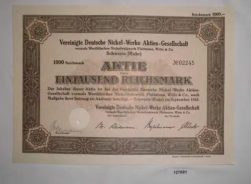 1000 RM Aktie Vereinigte Deutsche Nickel-Werke AG Schwerte Sept. 1942 (127691)