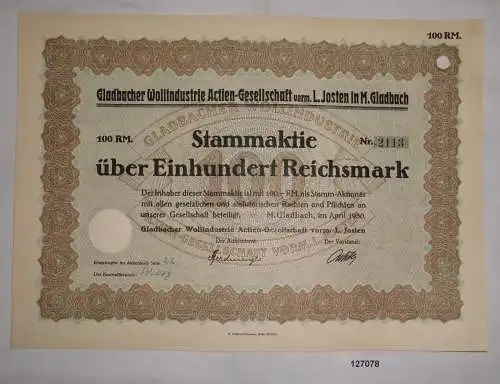 100 Deutsche Mark Aktie Gladbacher Wollindustrie AG April 1930 (127078)