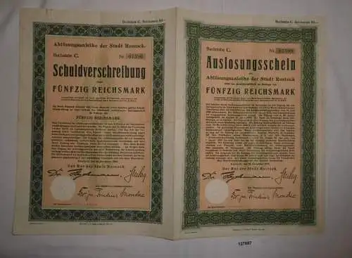 50 RM Auslosungsschein Ablösungsanleihe Stadt Rostock 12. November 1927 (127687)