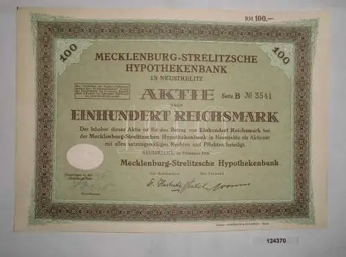 100 RM Aktie Mecklenburg-Strelitzsche Hypothekenbank Neustrelitz 1926 (124370)