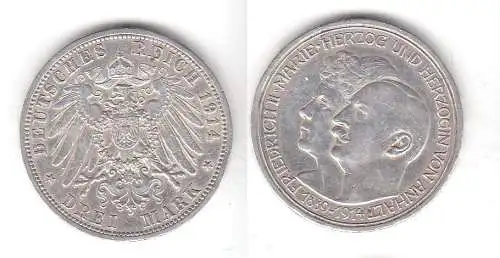 3 Mark Silbermünze Anhalt Silberhochzeit 1914 Jäger 24  (111505)