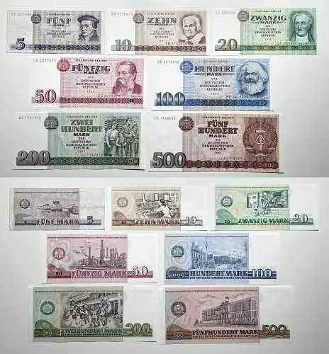 Banknoten 5 bis 500 Mark DDR 1971-85 fast kassenfrisch UNC (155286)