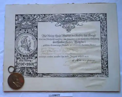 Preussen Centenar Medaille mit Urkunde Dragoner Regiment 1897 (116177)