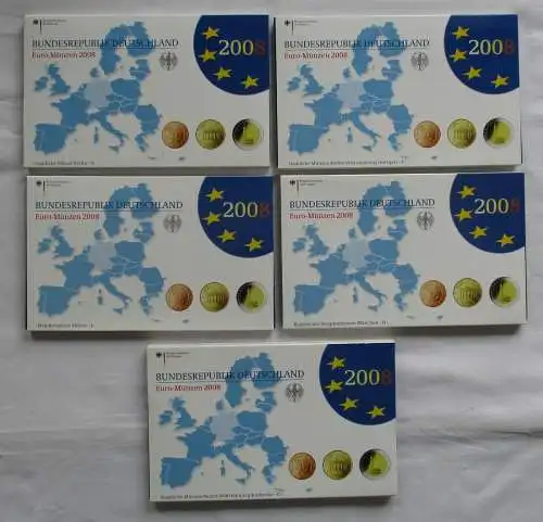 BRD Lot von 5 x KMS 2008 A,D,F,G,J mit 2 € Hamburg Komplett PP (103424)