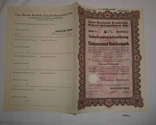 1000 Reichsmark Schuldverschreibung Union Rheinische Braunkohlen AG 1940 /127645