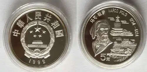 5 Yuan Silber Muenze China Marco Polo 1254-1324 (122386)