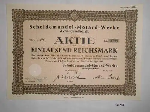 1000 Mark Aktie Scheidemandel Motard Werke AG in Berlin April 1941 (127743)