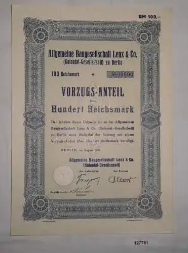 100 Mark Aktie Aktiengesellschaft für Baugesellschaft Lenz Berlin 1935 (127751)