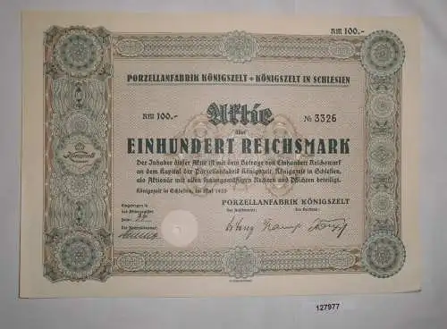 100 Reichsmark Aktie Porzellanfabrik Königszelt in Schlesien Mai 1935 (127977)