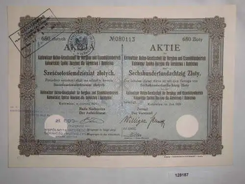 680 Zloty Aktie Kattowitzer AG für Bergbau und Eisenhüttenbetrieb 1929 (128187)