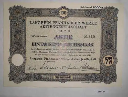 1000 Reichsmark Aktie Langbein-Pfanhauser Werke AG Leipzig November 1942 /128030