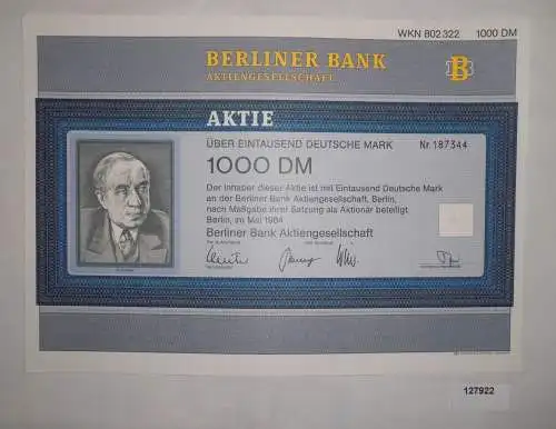 1000 Mark Aktie Berliner Bank AG Berlin Mai 1984 (127922)