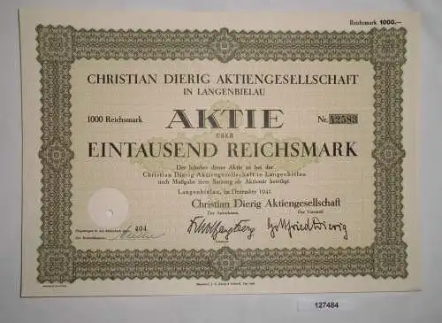 1000 Reichsmark Aktie Christian Dierig AG Langenbielau Dezember 1941 (127484)