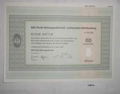 50 Dt. Mark Aktie BSU Textil AG Lichtenstein / Württemberg August 1990 (128018)