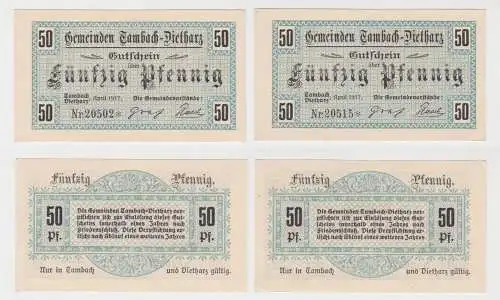 2 x 50 Pfennig Banknoten Notgeld Gemeinden Tambach Dietharz April 1917 (137453)