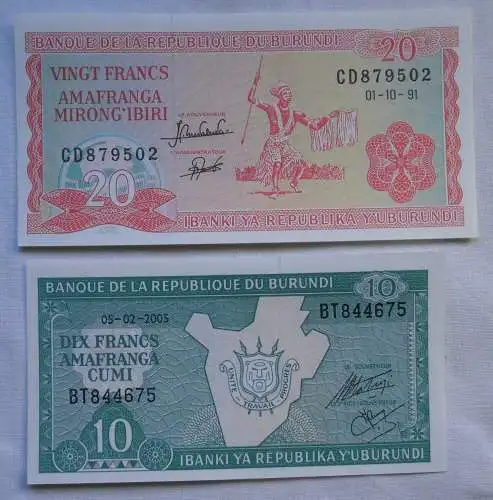2 Banknoten 10 bis 20 Francs Burundi 1991/2005 kassenfrisch (112380)