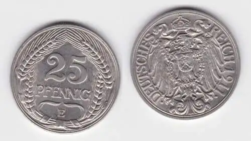 25 Pfennig Nickel Münze Deutsches Reich 1911 E Jäger 18  (130118)