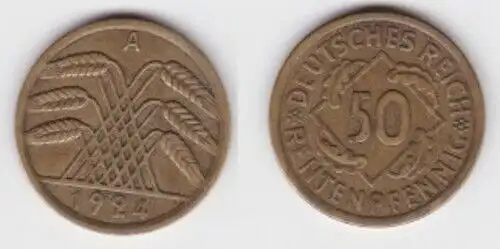 50 Rentenpfennig Messing Münze Weimarer Republik 1924 A Jäger 310 (132917)