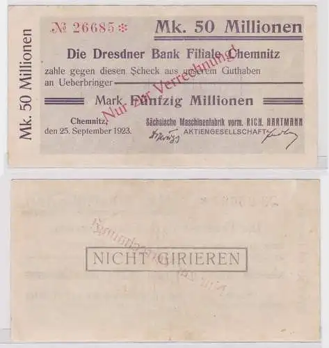 50 Millionen Mark Banknote Chemnitz Dresdner Bank 25.9.1923 (121389)