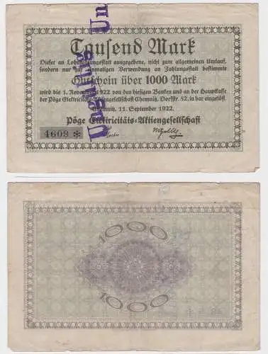 1000 Mark Banknote Chemnitz Pöge Elektrizitäts AG 11.09.1922 (122477)