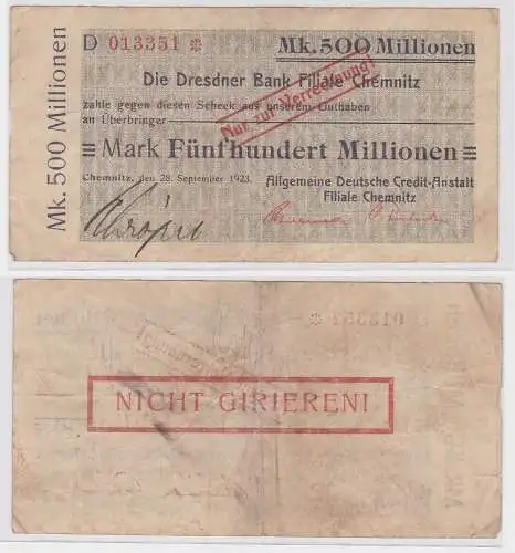 500 Millionen Mark Banknote Chemnitz Dresdner Bank 28.9.1923 (121624)