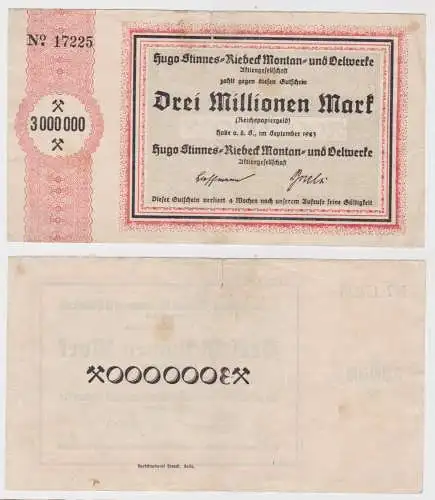 3 Mio. Mark Banknote Halle Hugo Stinnes Riebeck Montan Ölwerke 1923 (136199)