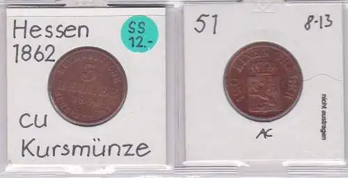 1 Pfennig Kupfer Münze Hessen-Kassel 1862 (121135)