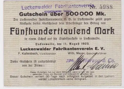 500000 Mark Banknote Luckenwalder Fabrikantenverein e.V. 11.8.1923 (122296)