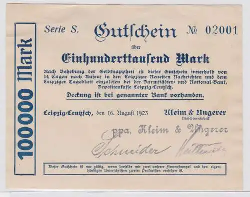 100000 Mark Banknote Leipzig Leutzsch Maschinenfabrik Kleim & Ungerer (122309)