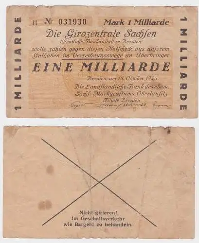 1 Milliarde Mark Banknote Girozentrale Sachsen Dresden 18.10.1923 (122243)