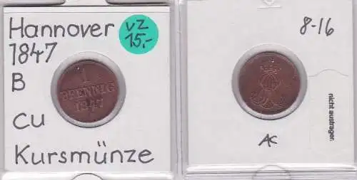 1 Pfennig Kupfer Münze Hannover 1847 B (121113)