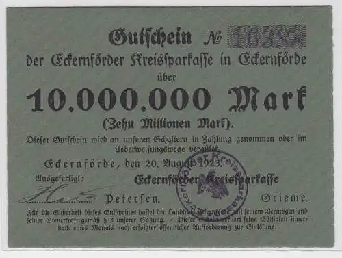 10 Millionen Mark Banknote Kreissparkasse Eckernförde 20.08.1923 (122215)